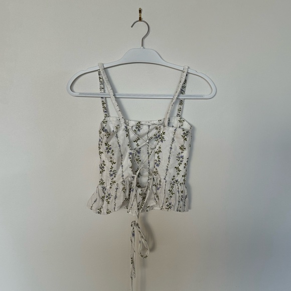 Reformation Barton Top, Sz0, White / Green Floral Corset Lace Ruffle Hem - Picture 12 of 15
